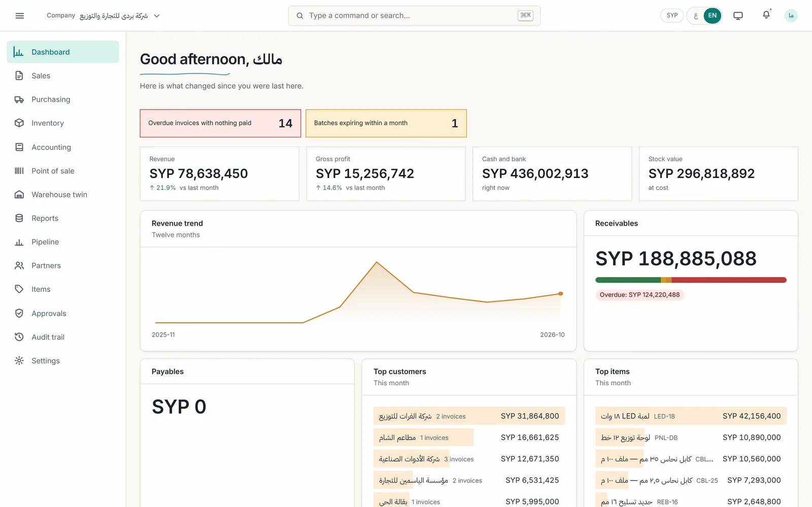 The owner's dashboard: revenue, gross profit, cash and stock value in Syrian pounds, receivables by age, a twelve-month revenue line, top items and top customers.