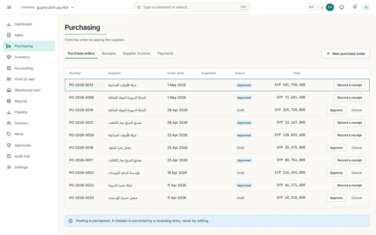 Purchase orders, receipts and supplier invoices.